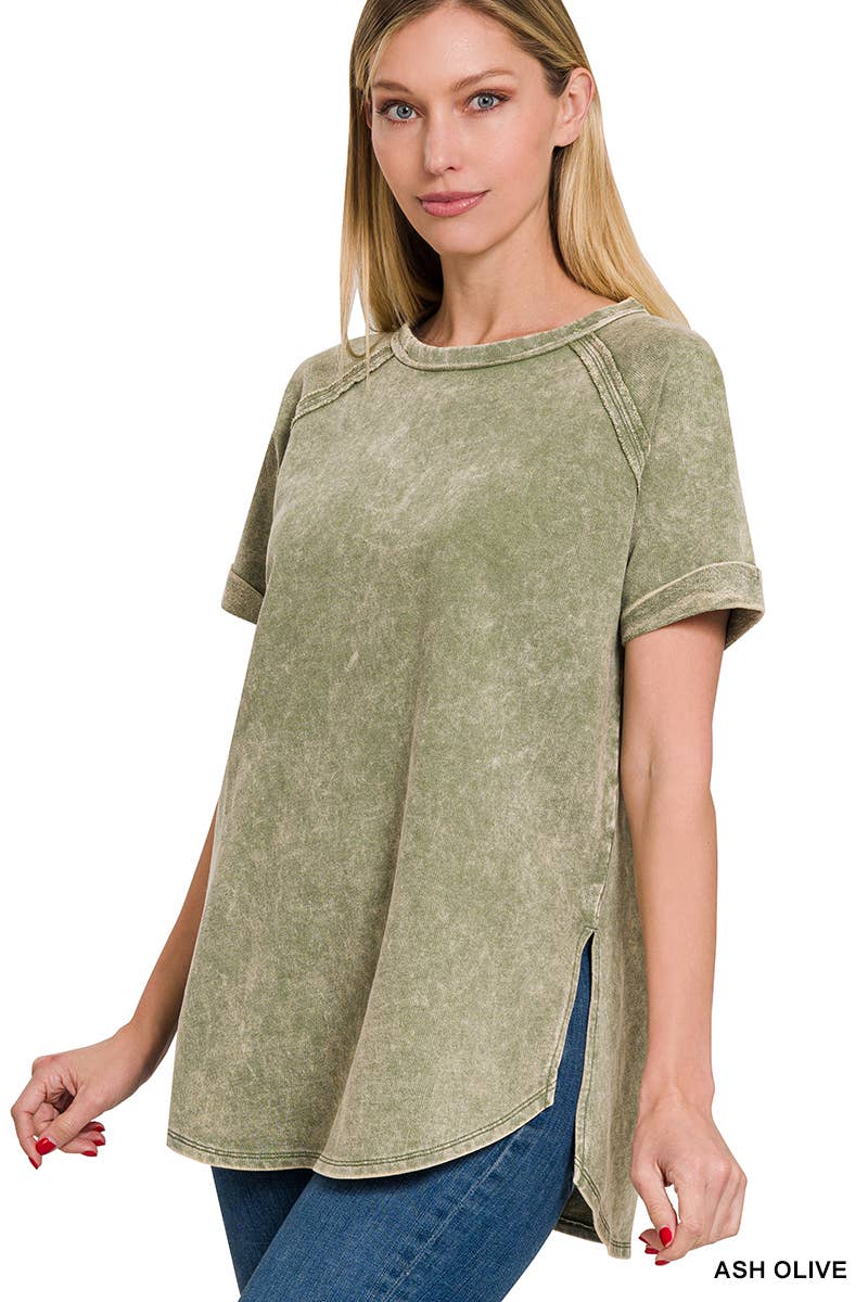French Terry Vintage Wash Casual Top W/ Back Patch Zenana: ASHMOCHA-163550 / XL