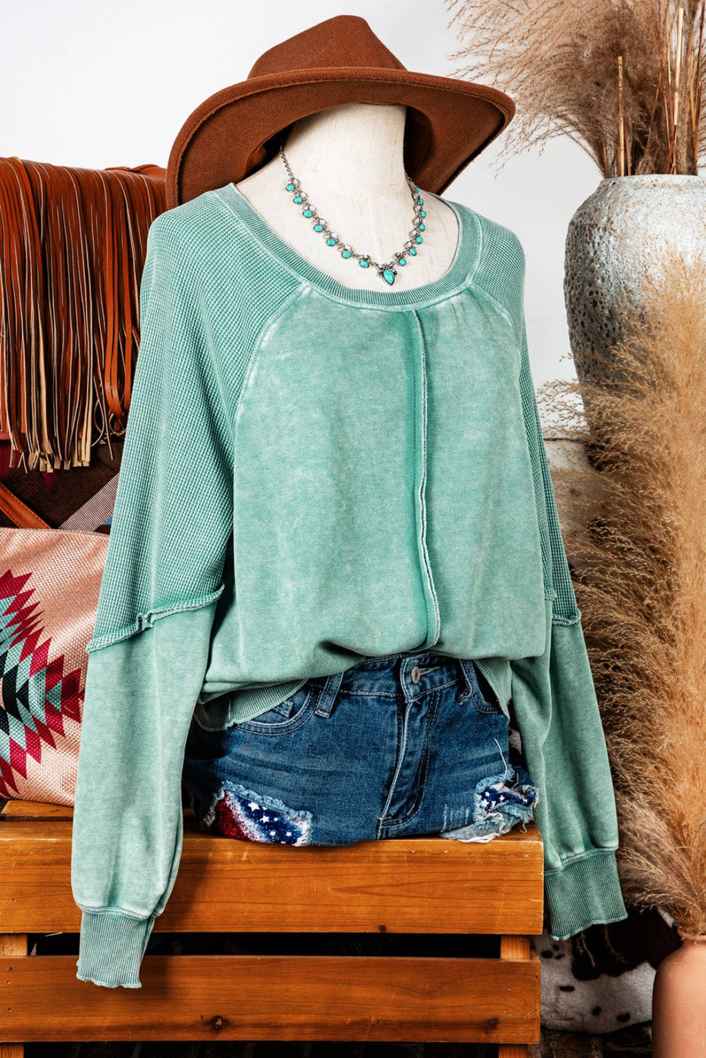Clothing Waffle Knit Patchwork Raglan Sleeve Sweatshirt: Blue / Missy / L