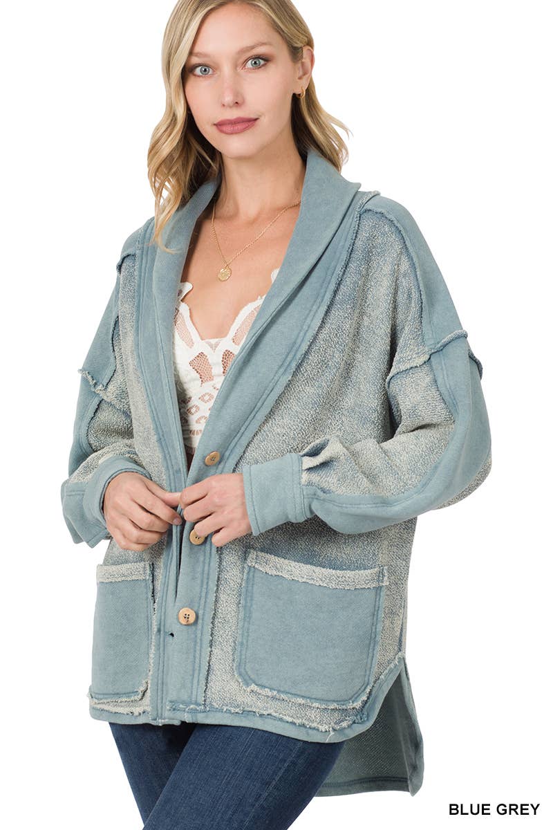 Premium Vintage Button Front Jacket With Pockets - Zenana: BLUE GREY-125160 / XS