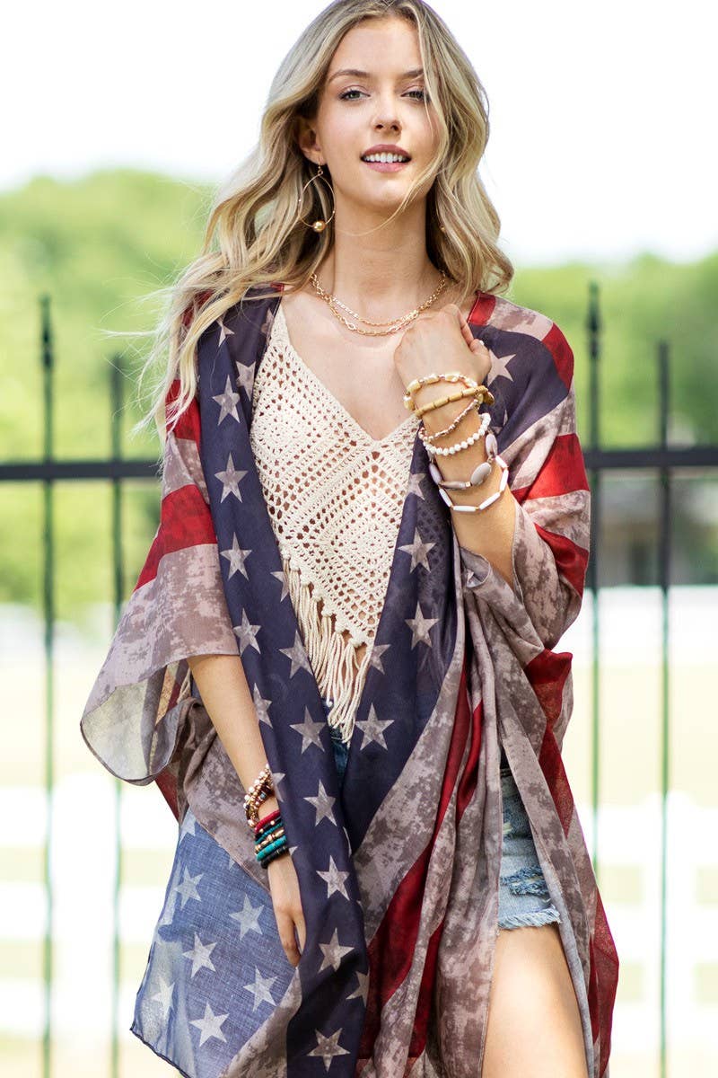 Vintage Inspired USA Print Kimono: Flag / OS