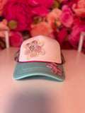 Teal and Pink Checked Crochet Flower Trucker Hat