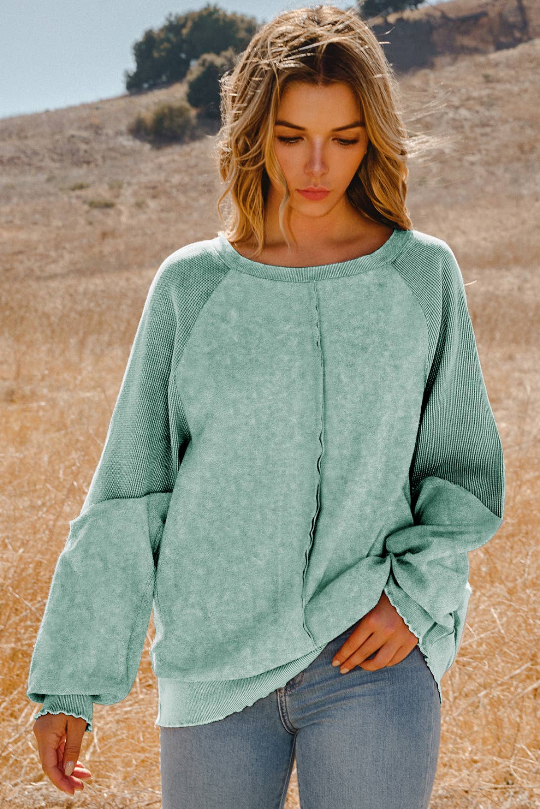 Clothing Waffle Knit Patchwork Raglan Sleeve Sweatshirt: Blue / Missy / L