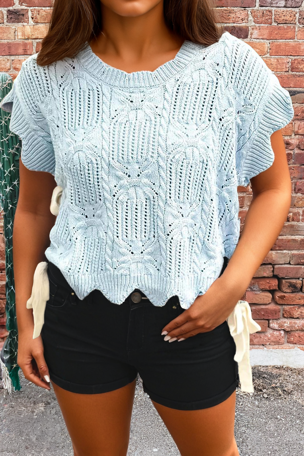 Pointelle Patterned Knit Scalloped Trim Short Sleeve Sweater: Bonbon / L