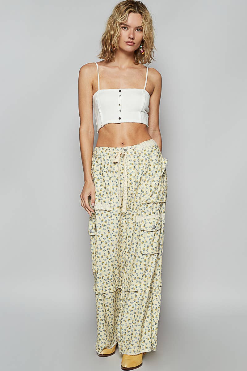 Lace waist drawstring striped casual pants: VANILLA FLORAL / S