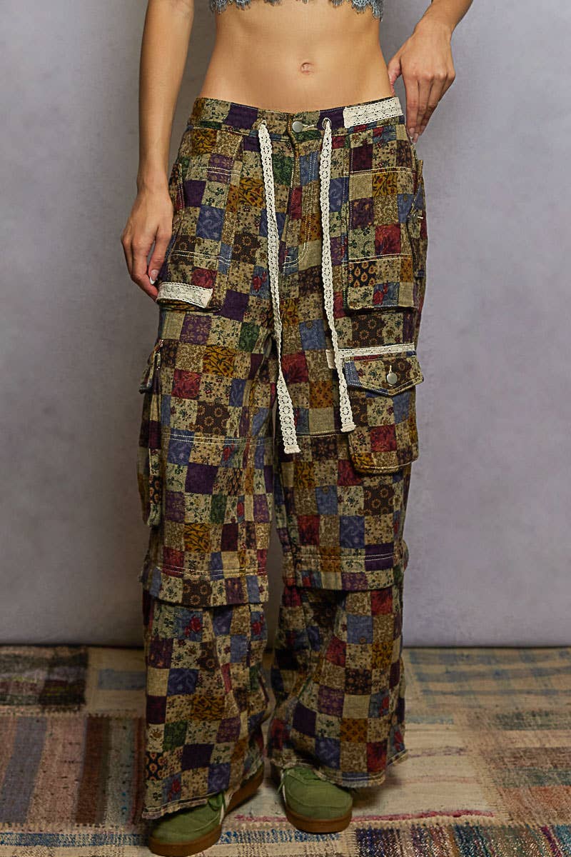 Lace waist drawstring striped casual pants: VANILLA FLORAL / L