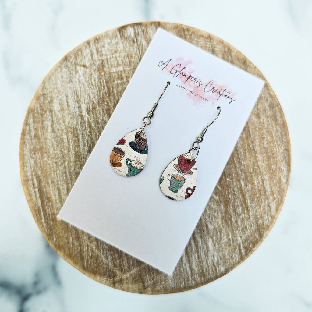 Coffee Cups MINI Teardrop Leather Earrings