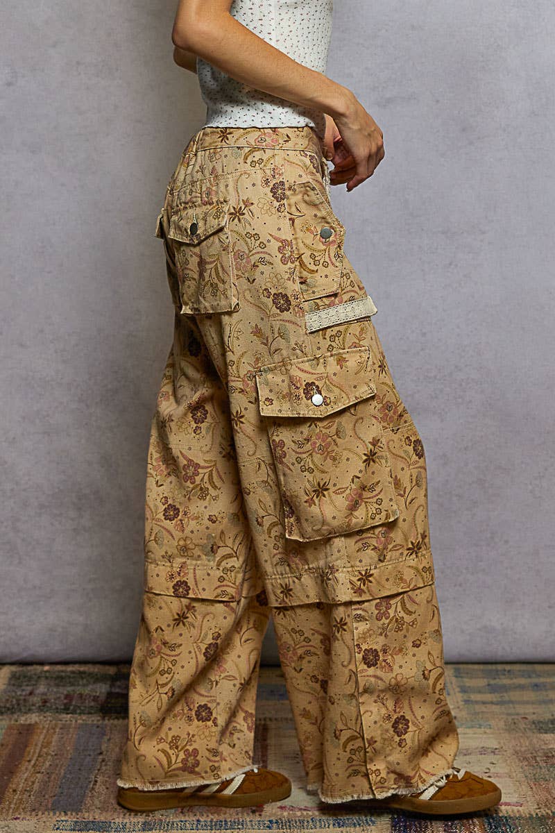 Lace waist drawstring striped casual pants: VANILLA FLORAL / S