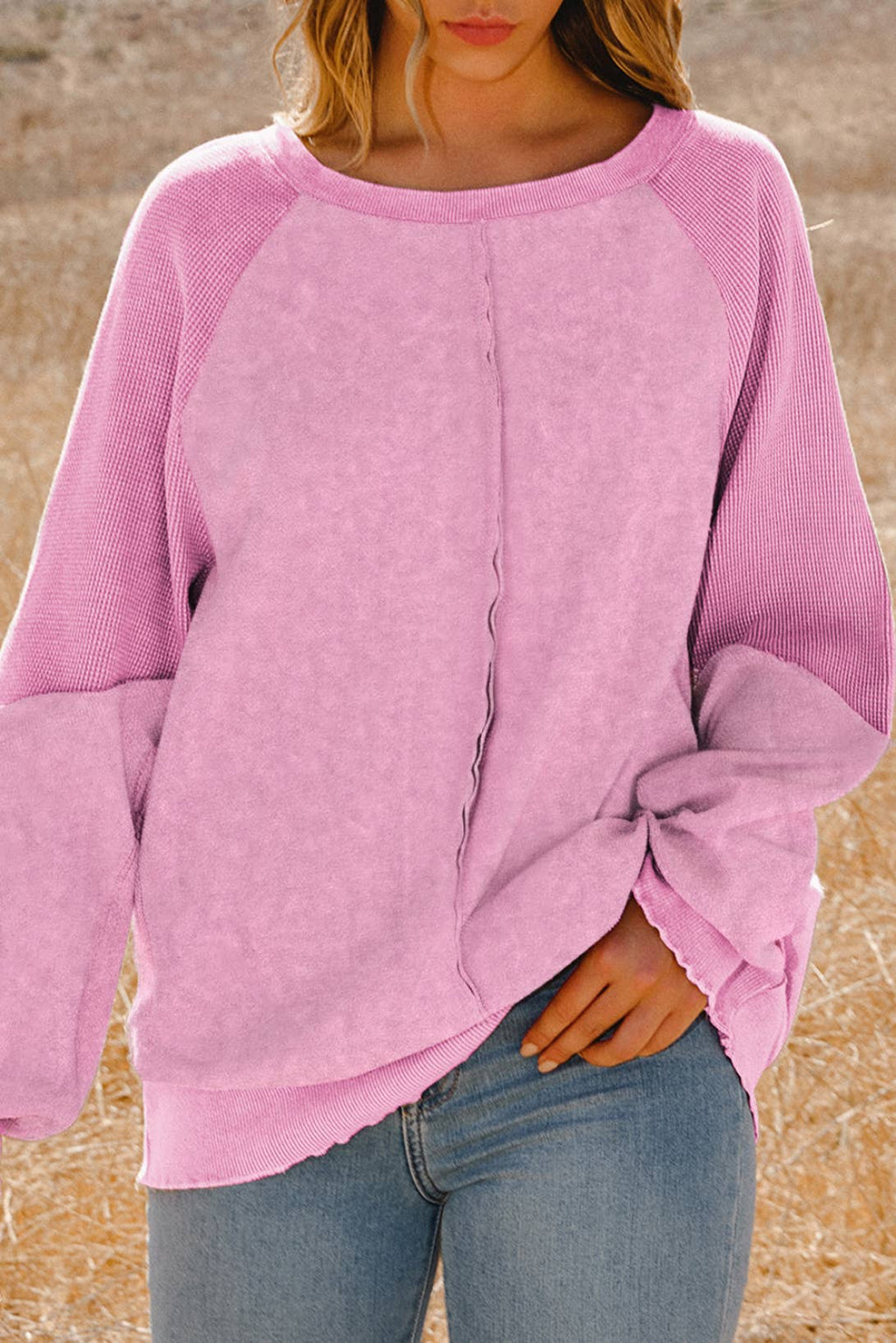 Clothing Waffle Knit Patchwork Raglan Sleeve Sweatshirt: Blue / Missy / L