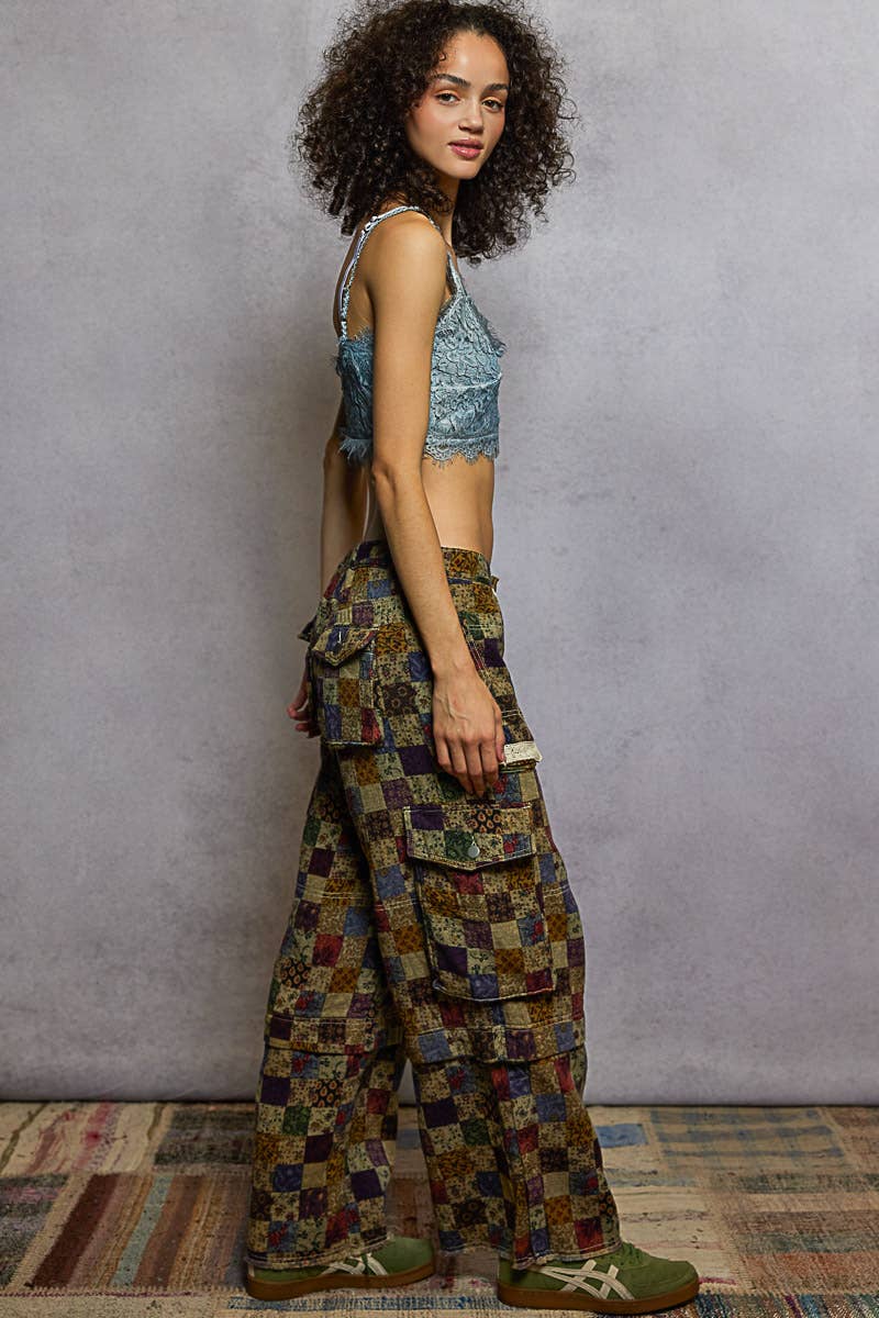 Lace waist drawstring striped casual pants: VANILLA FLORAL / S