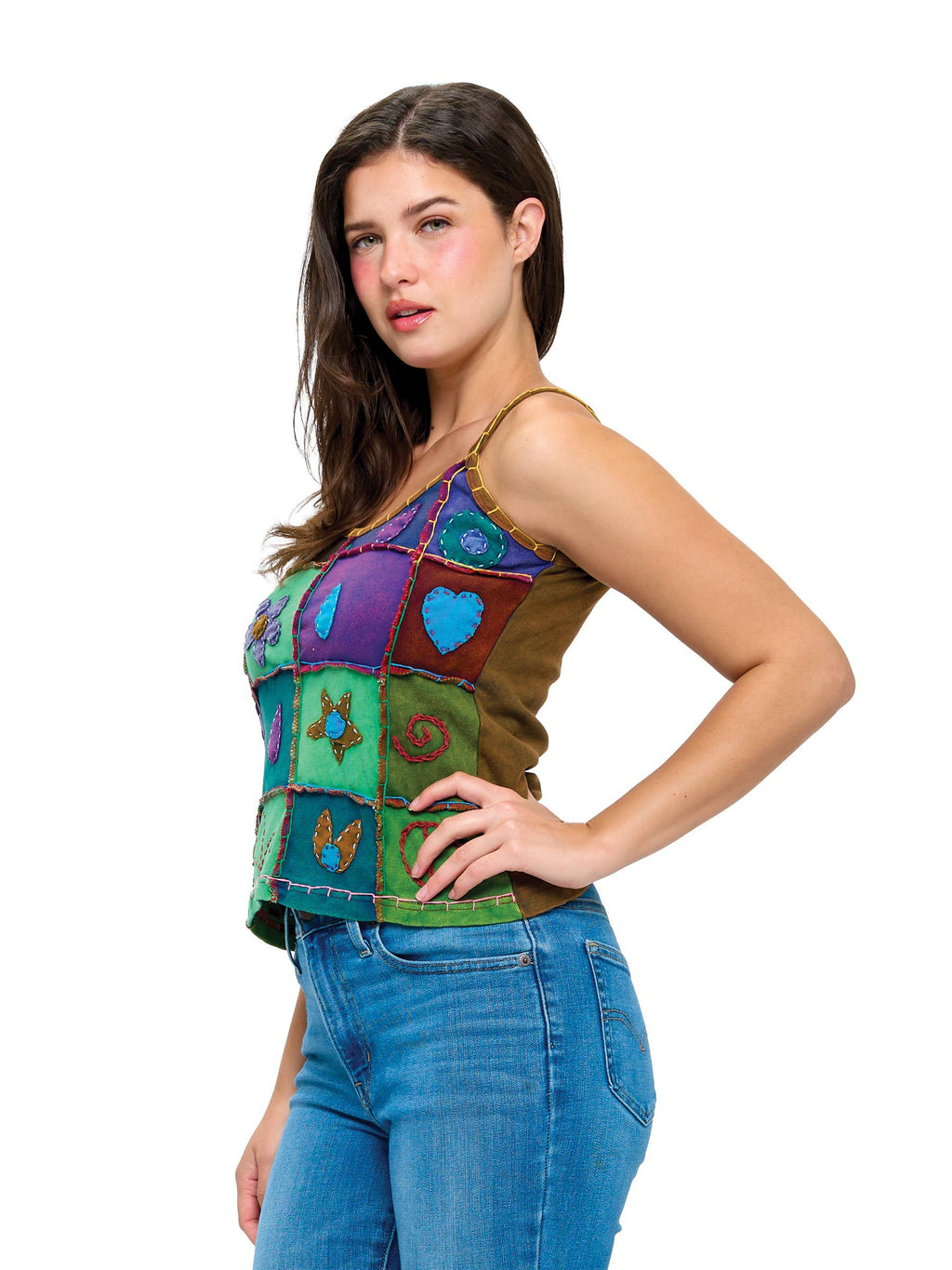 Tank Top Patchwork Handstitched Detailing: Green Multi / S/M