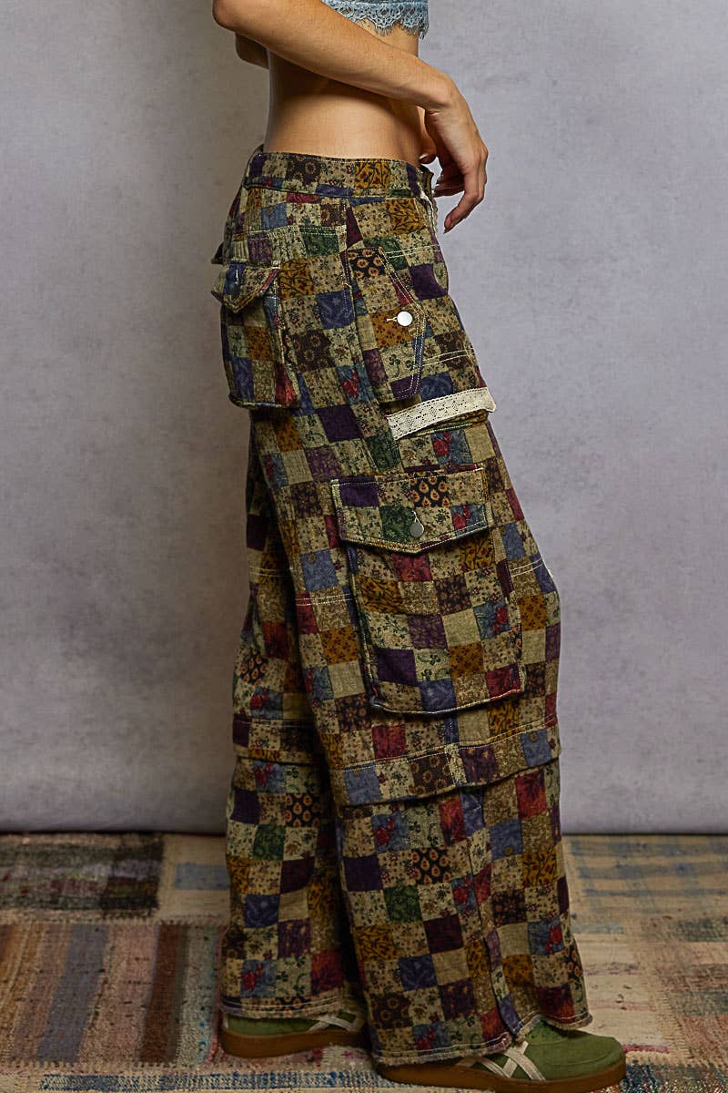 Lace waist drawstring striped casual pants: VANILLA FLORAL / M