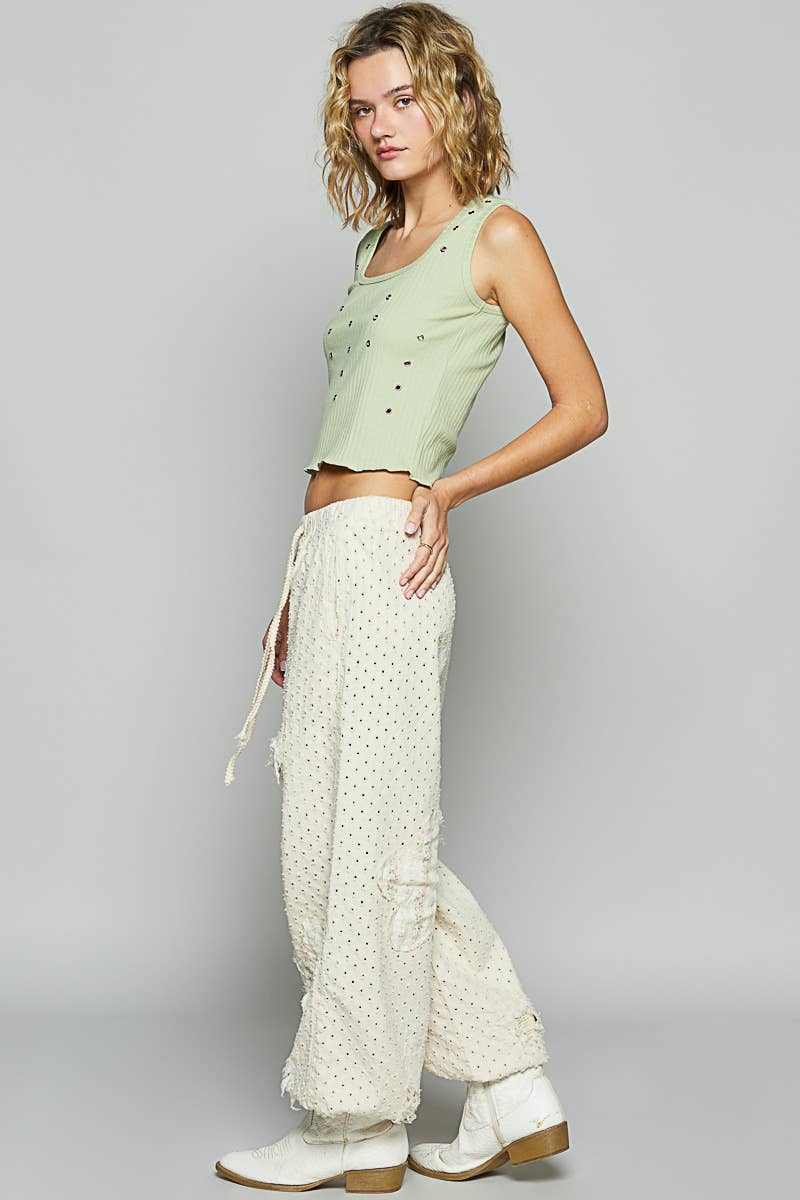 Elastic band textured twill woven jogger pants: LIGHT DENIM / M