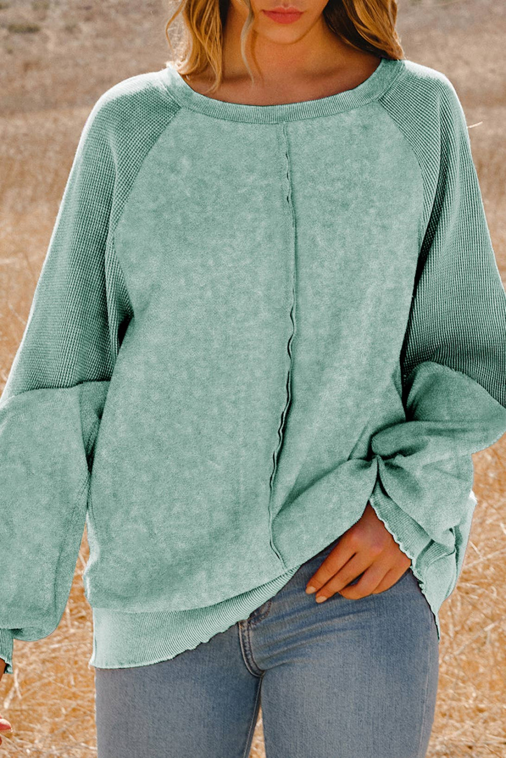 Clothing Waffle Knit Patchwork Raglan Sleeve Sweatshirt: Blue / Missy / L
