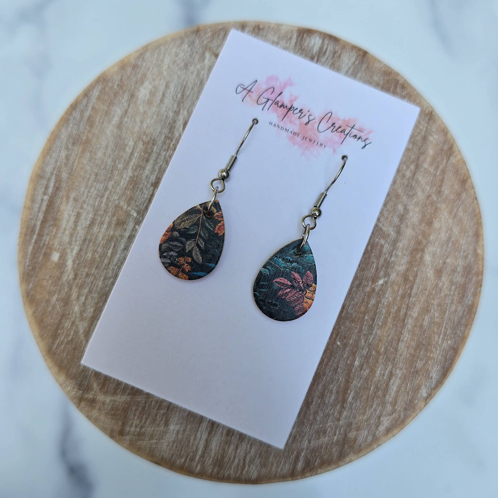 Navy Fall Floral MINI Teardrop Leather Earrings