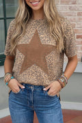 Leopard Retro Studded Star Patch Loose Tee: Khaki / M