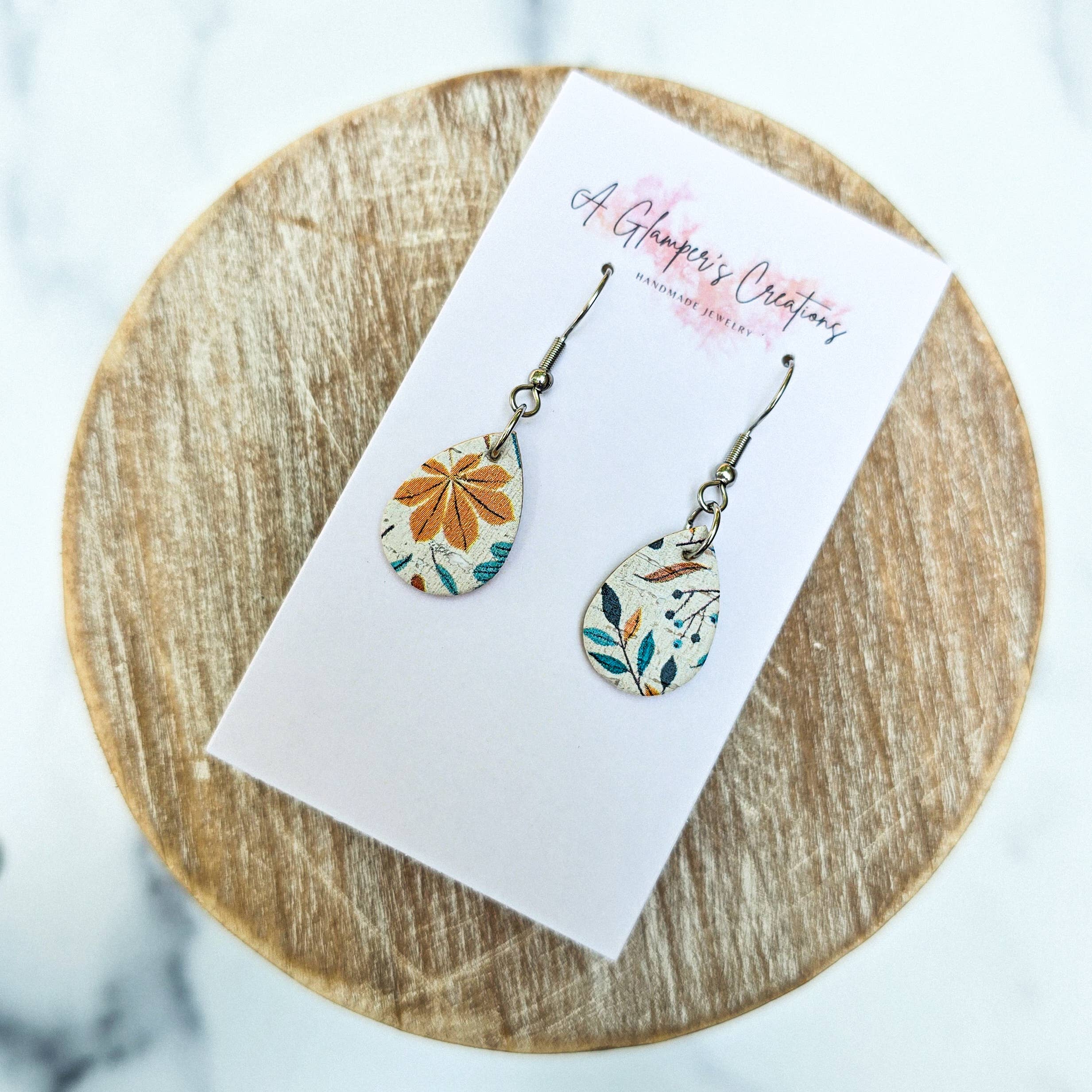 Mustard & Turquoise Floral MINI Teardrop Leather Earrings