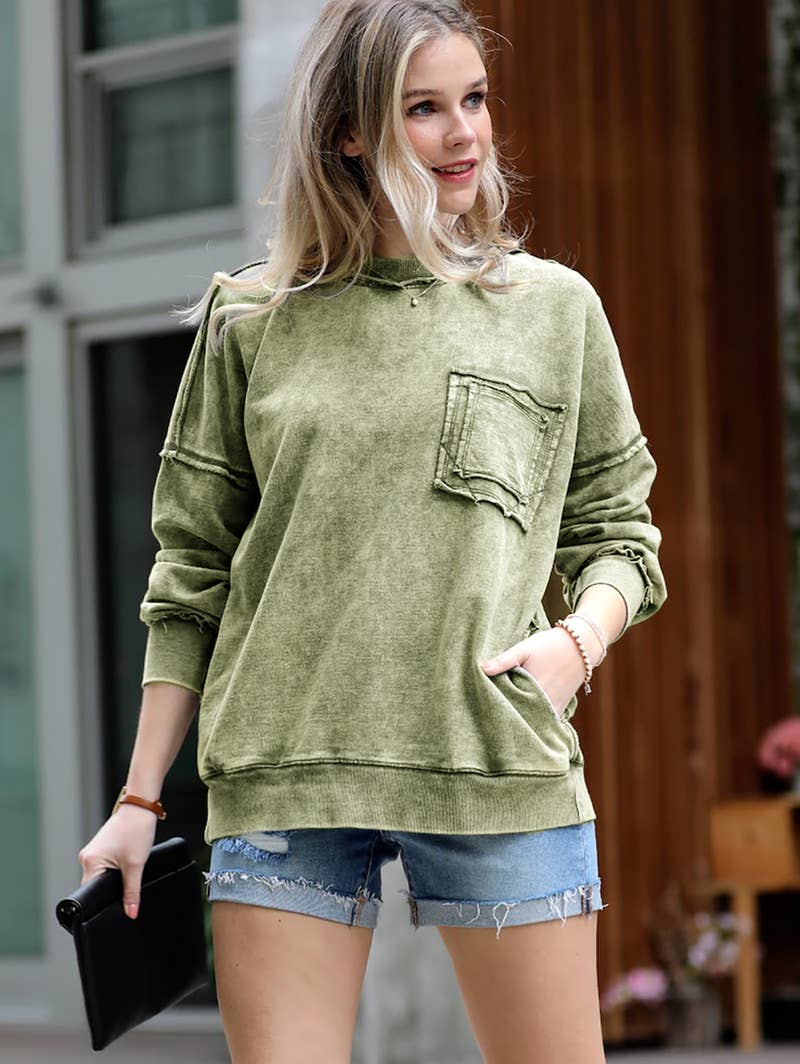 French terry washed pullover w/ side pocket Zenana: FOREST-160209 / XL