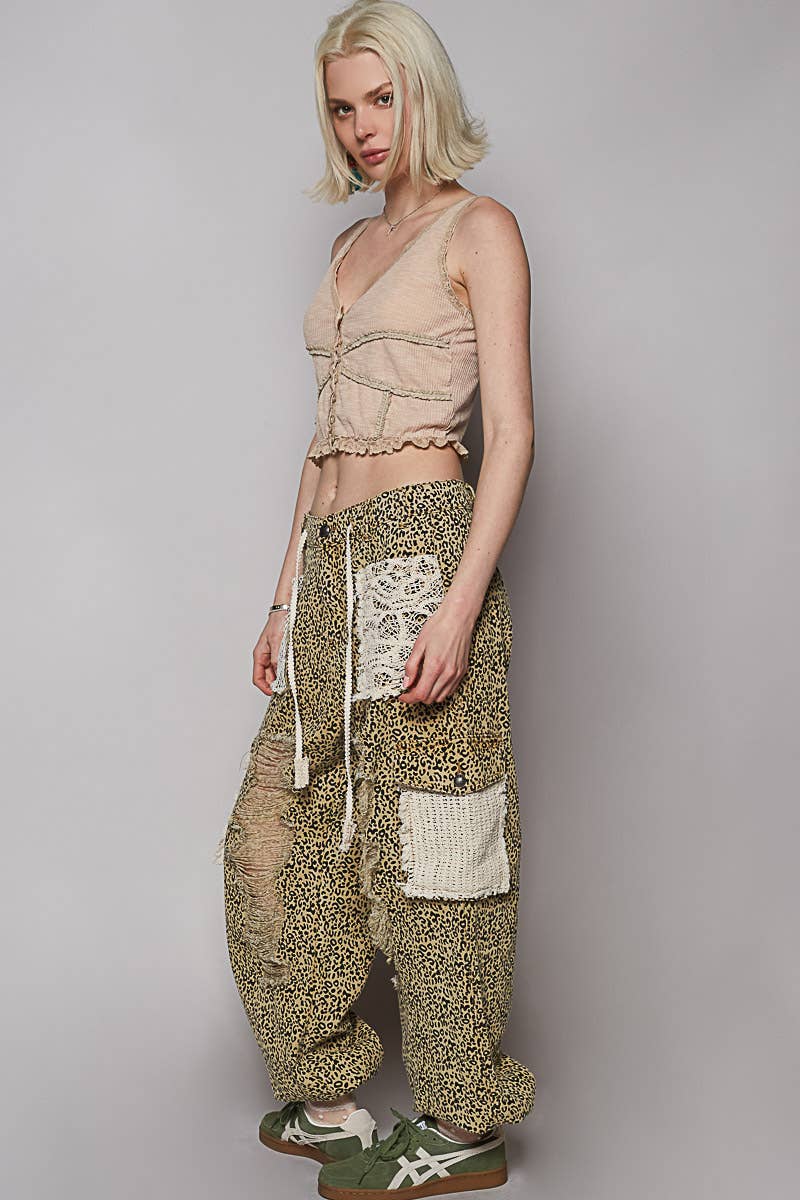 Vintage Wash Crochet Patches Distress Jogger Pants SALE: SAND LEOPARD