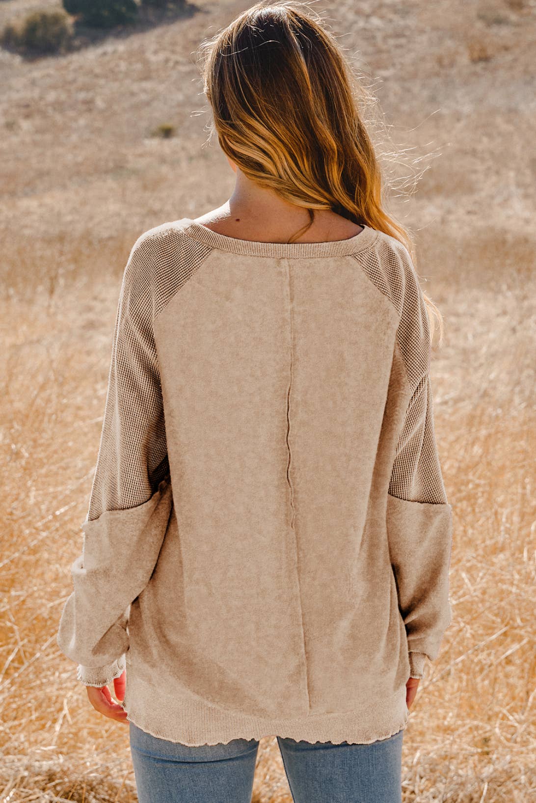 Clothing Waffle Knit Patchwork Raglan Sleeve Sweatshirt: Blue / Missy / L