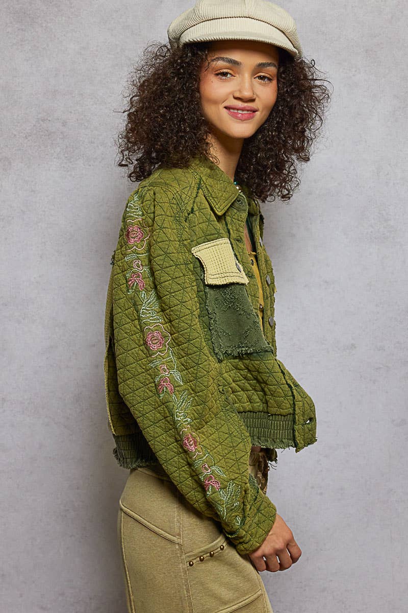 Vintage washed embroidered sleeve quilted jacket: BASIL MULTI /