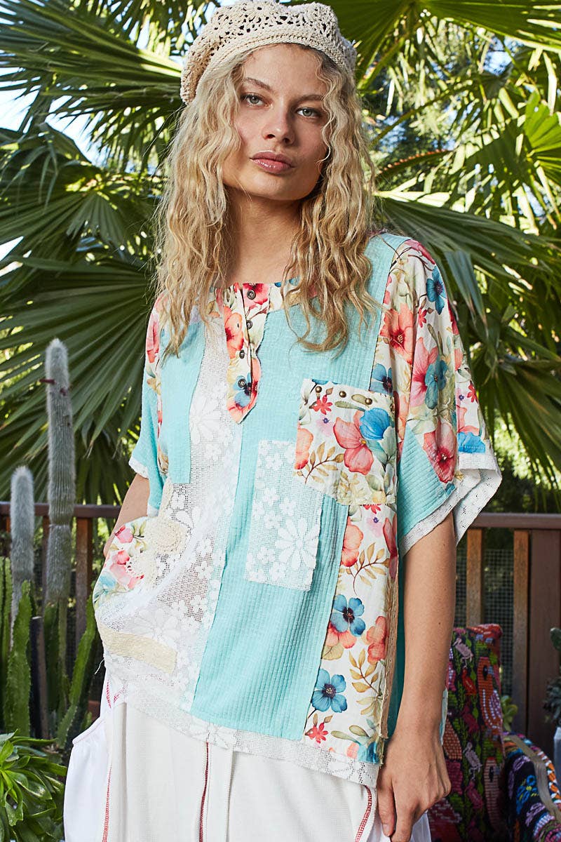 Round Neck Short Sleeve Floral Knit Rib Top SALE: AQUA