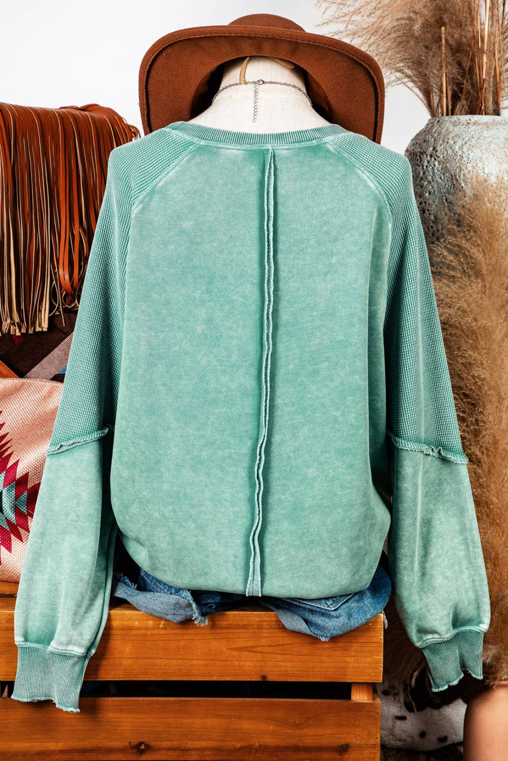 Clothing Waffle Knit Patchwork Raglan Sleeve Sweatshirt: Blue / Missy / L