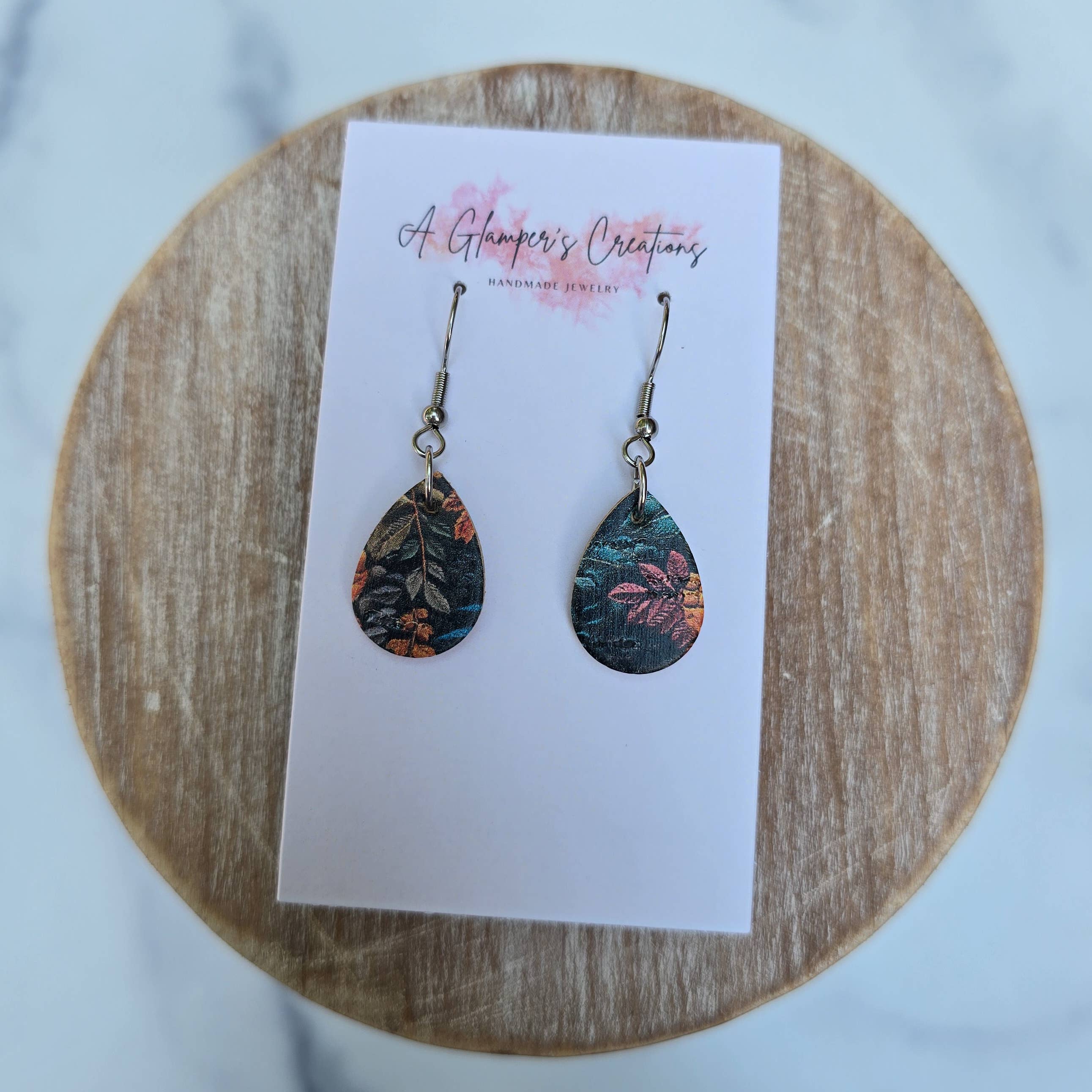 Navy Fall Floral MINI Teardrop Leather Earrings