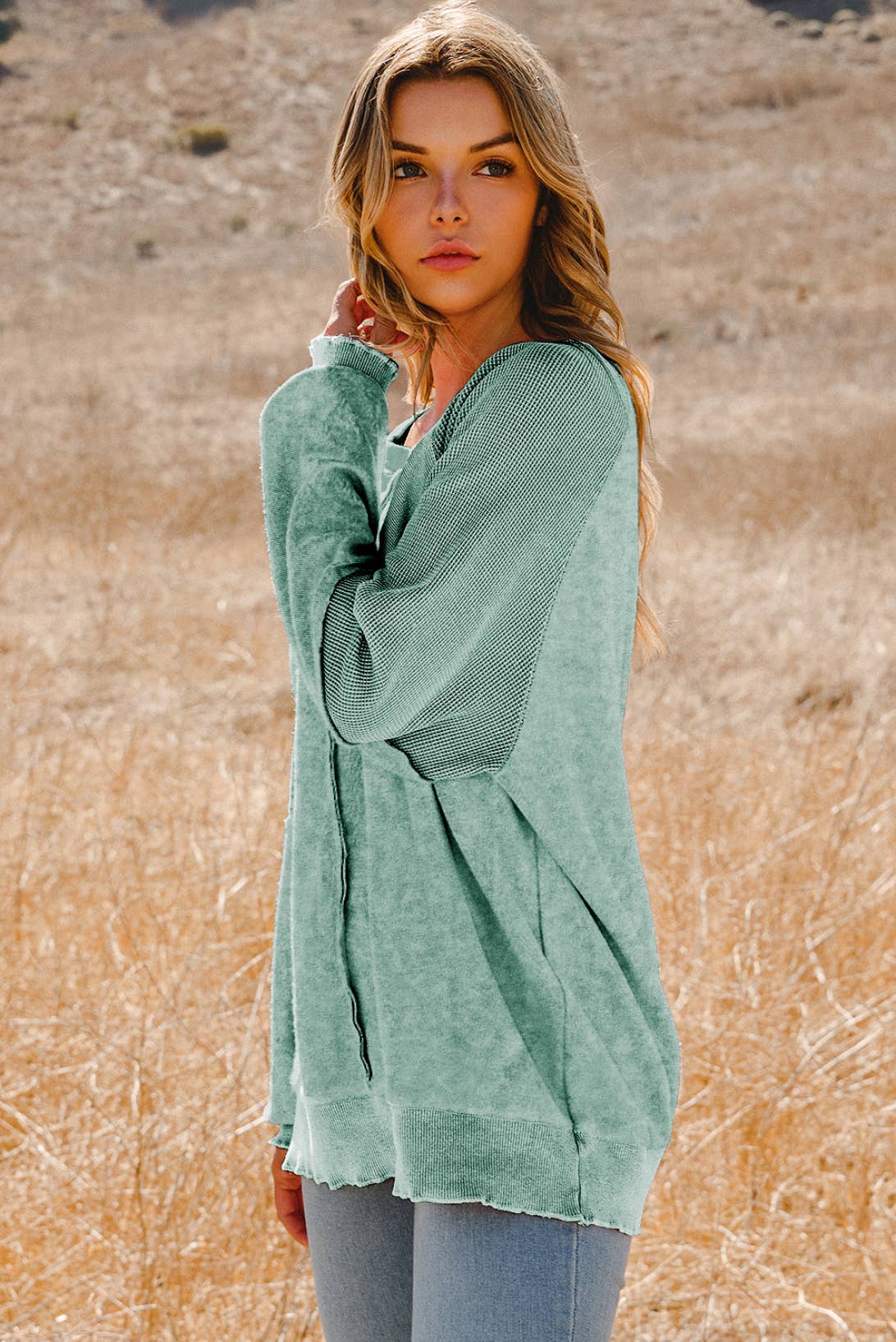 Clothing Waffle Knit Patchwork Raglan Sleeve Sweatshirt: Blue / Missy / L