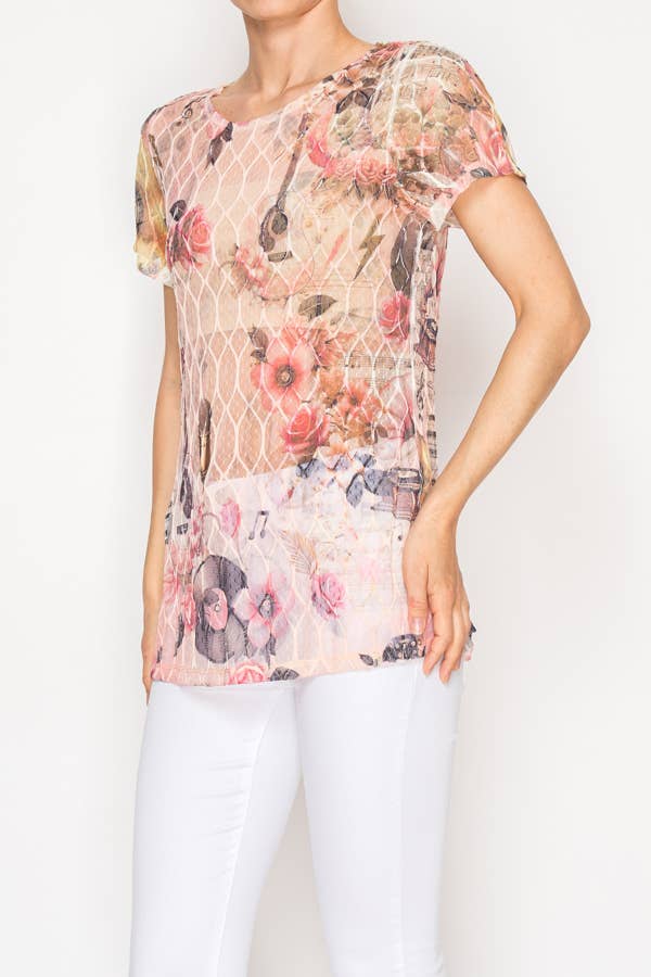 Sheer Lattice Mesh Short Sleeve Blouse – OLS-4868BG-PK GUITAR: PK GUITAR / M