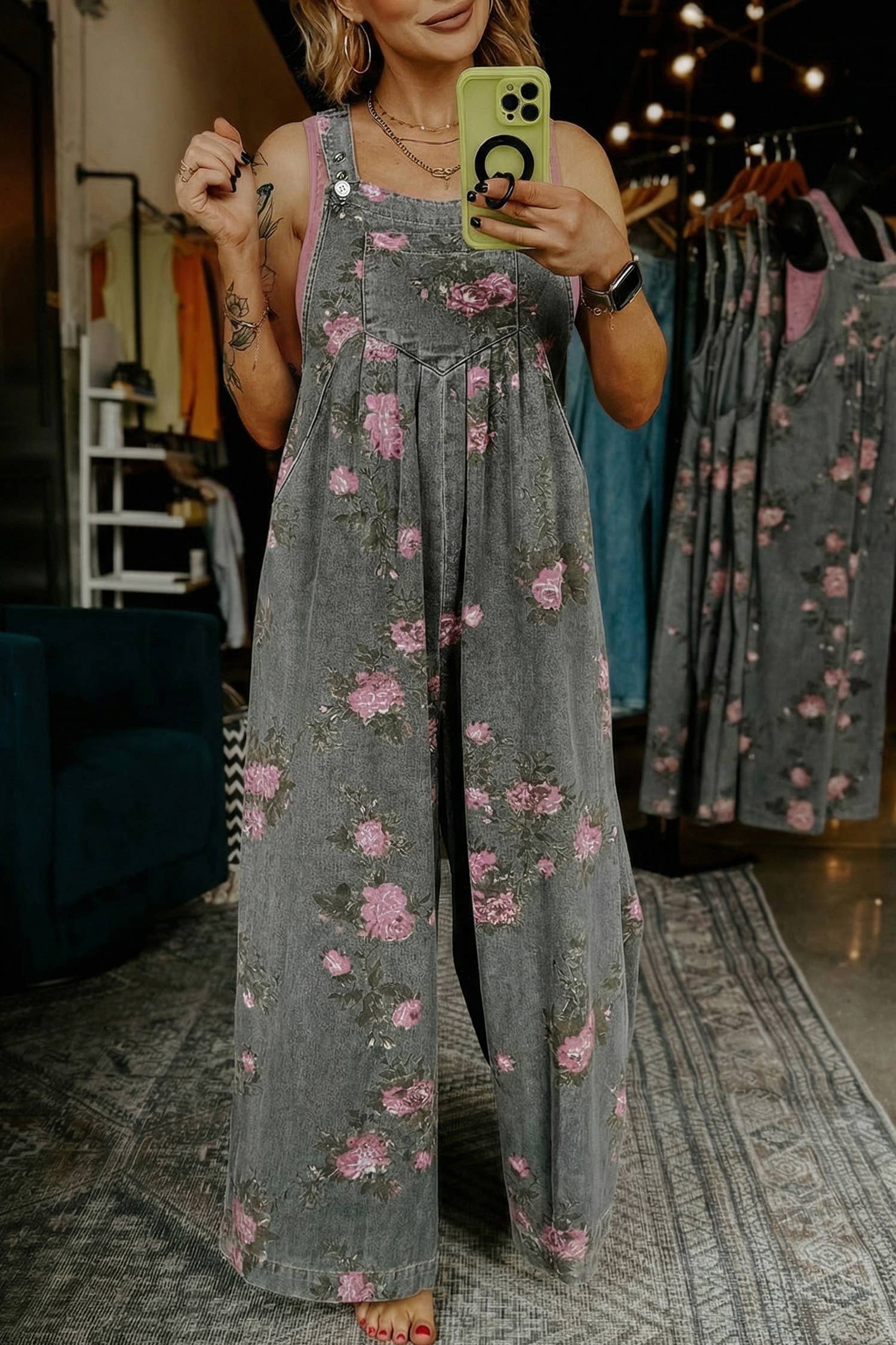 Floral Print Pleated High Waist Wide Leg Denim Jumpsuit: Blue / XL