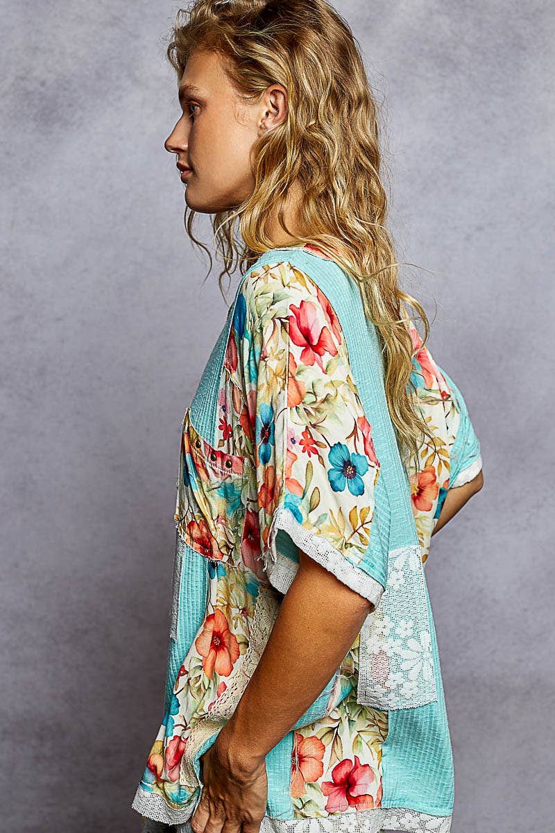 Round Neck Short Sleeve Floral Knit Rib Top SALE: AQUA