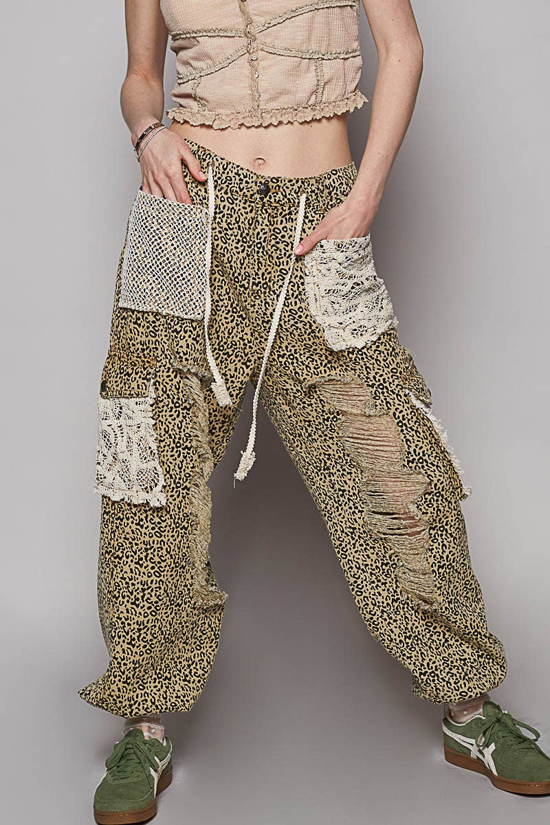 Vintage Wash Crochet Patches Distress Jogger Pants SALE: SAND LEOPARD