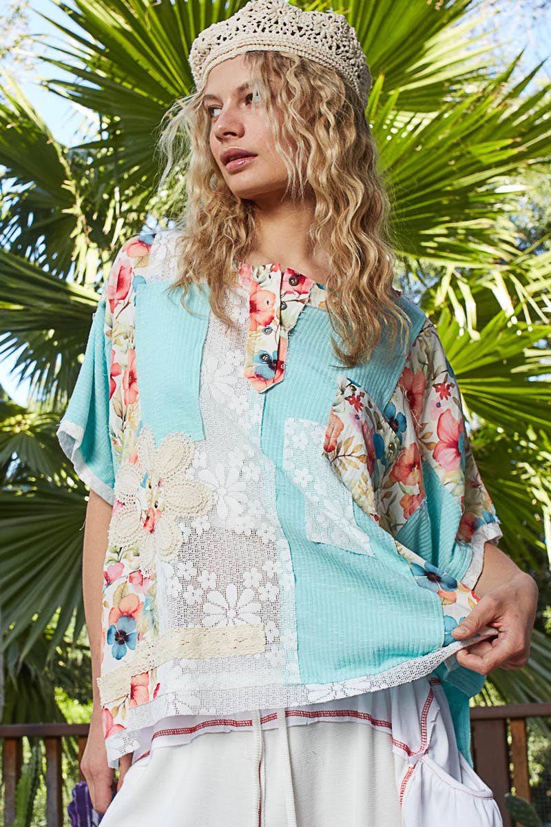 Round Neck Short Sleeve Floral Knit Rib Top SALE: AQUA