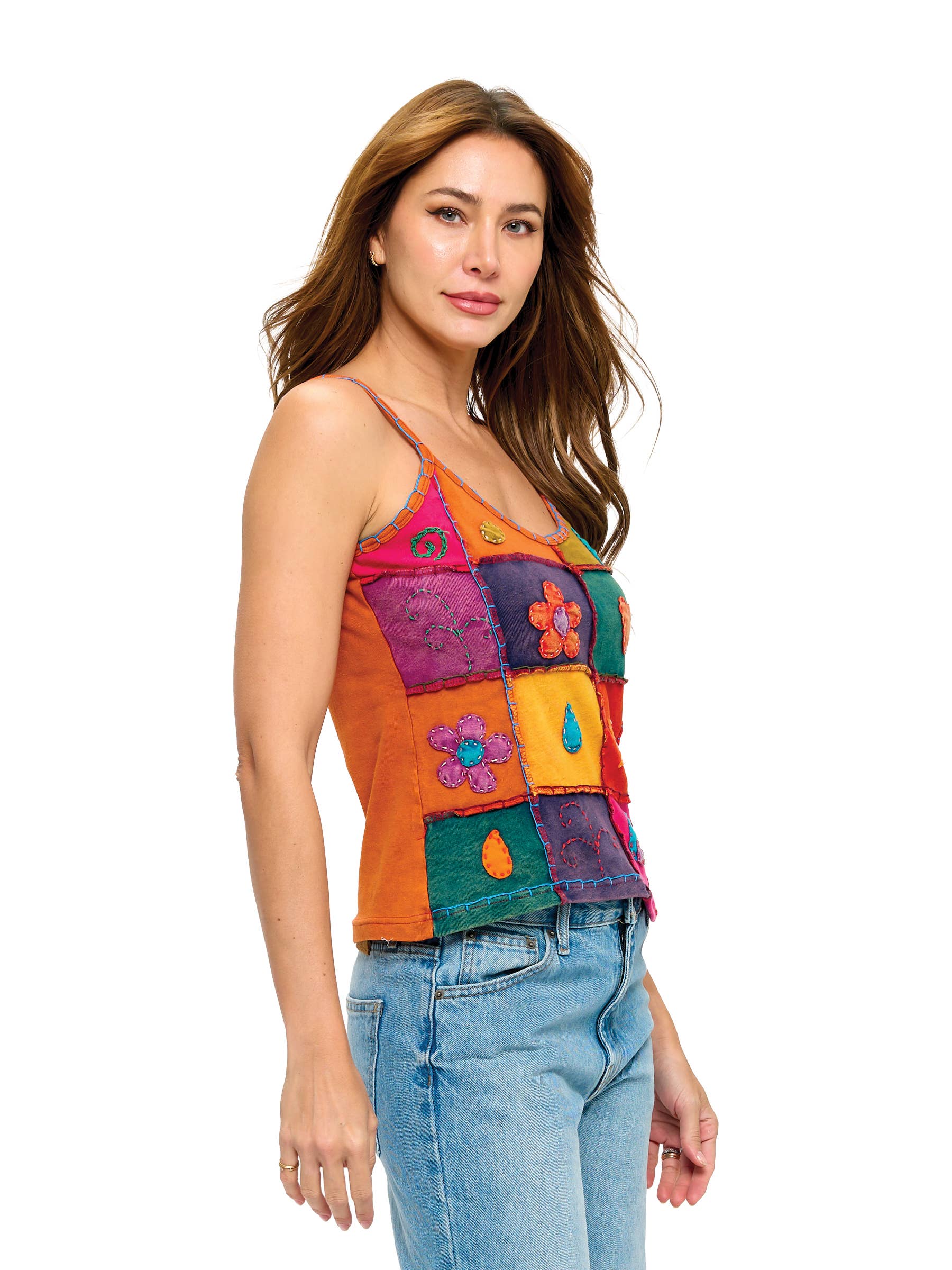 Tank Top Patchwork Handstitched Detailing: Rust Multi / L/XL