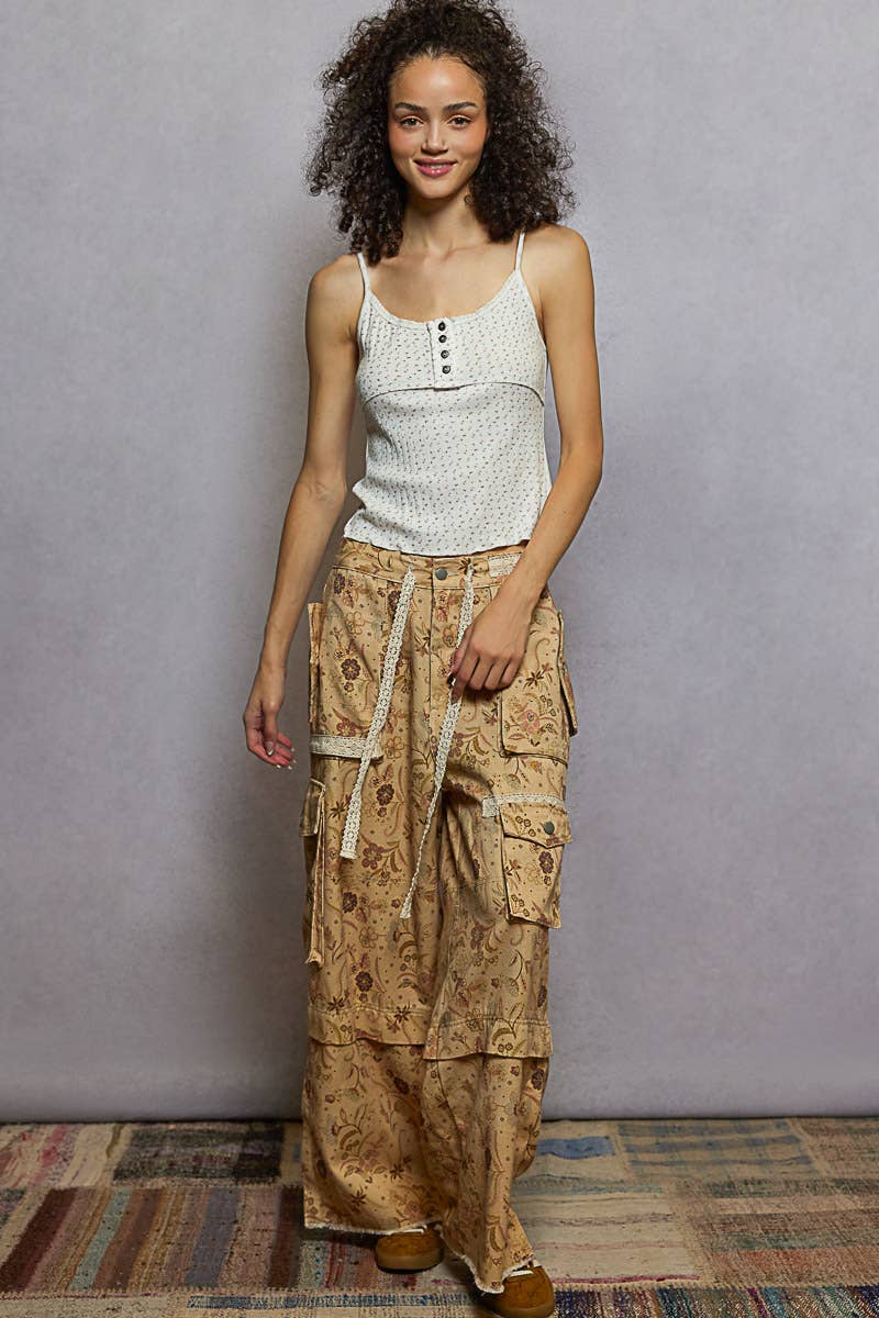 Lace waist drawstring striped casual pants: VANILLA FLORAL / S