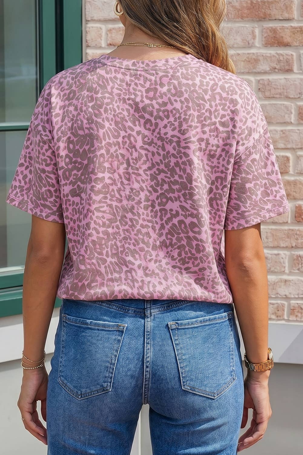Leopard Retro Studded Star Patch Loose Tee: Khaki / M