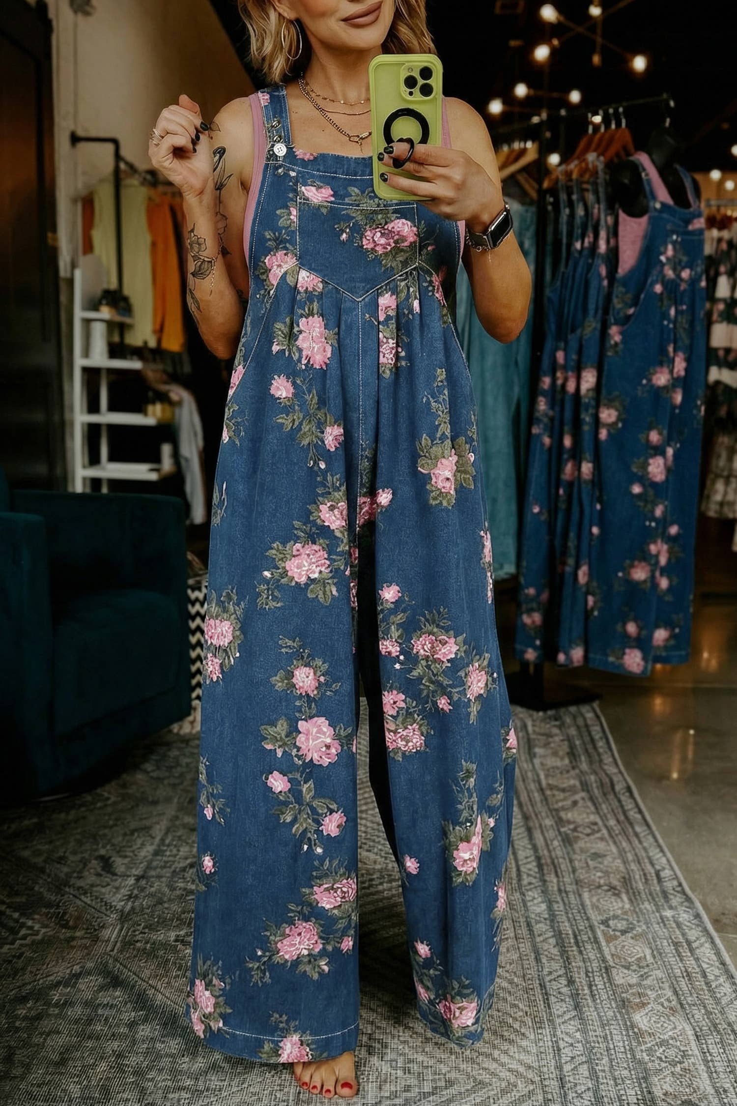 Floral Print Pleated High Waist Wide Leg Denim Jumpsuit: Blue / L