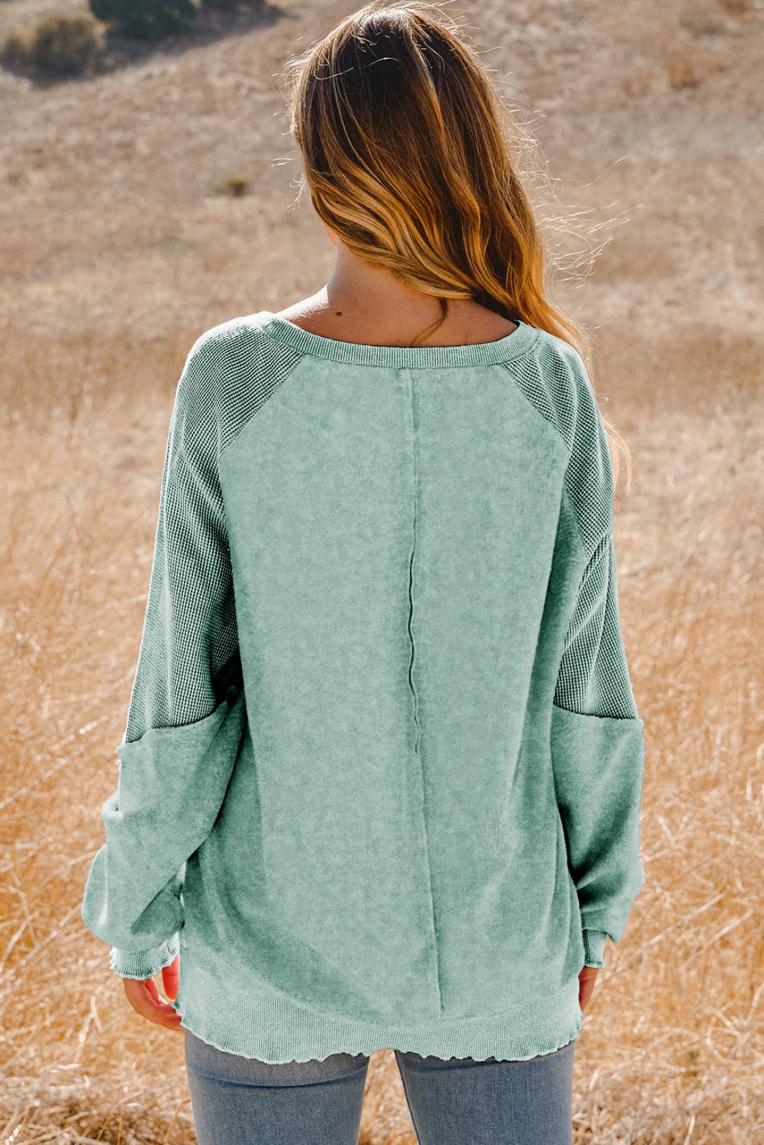 Clothing Waffle Knit Patchwork Raglan Sleeve Sweatshirt: Blue / Missy / L