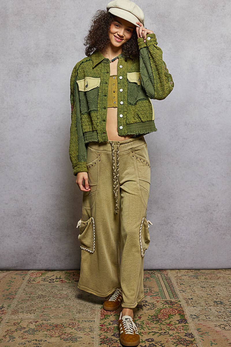 Vintage washed embroidered sleeve quilted jacket: BASIL MULTI /