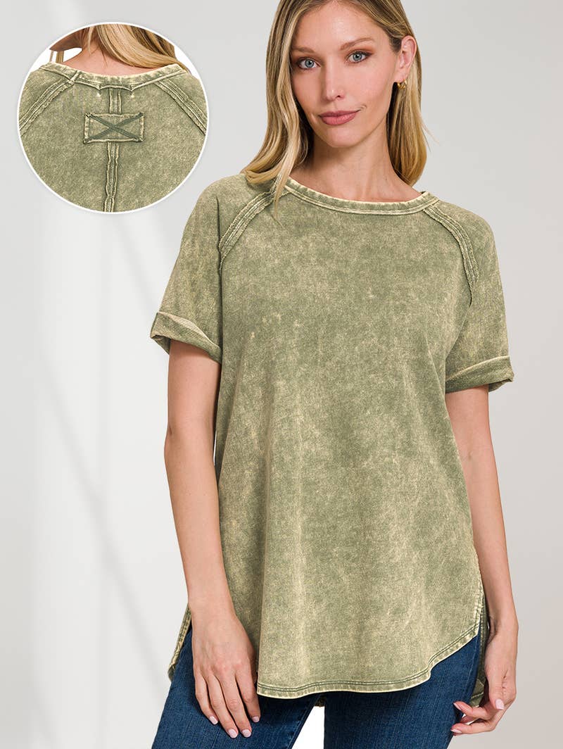 French Terry Vintage Wash Casual Top W/ Back Patch Zenana: ASHMOCHA-163550 / S