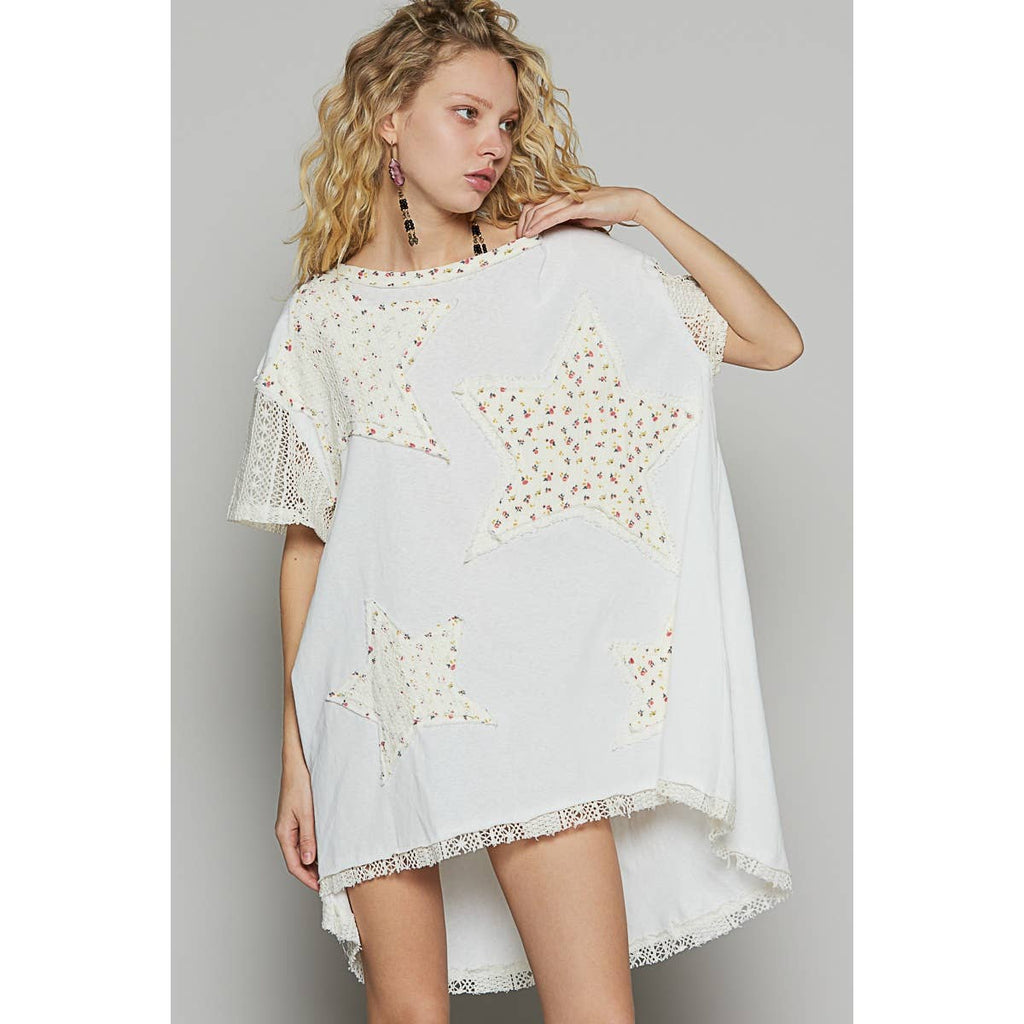 Pol Vintage washed short sleeve star patches tunic top SALE: OFF WHITE