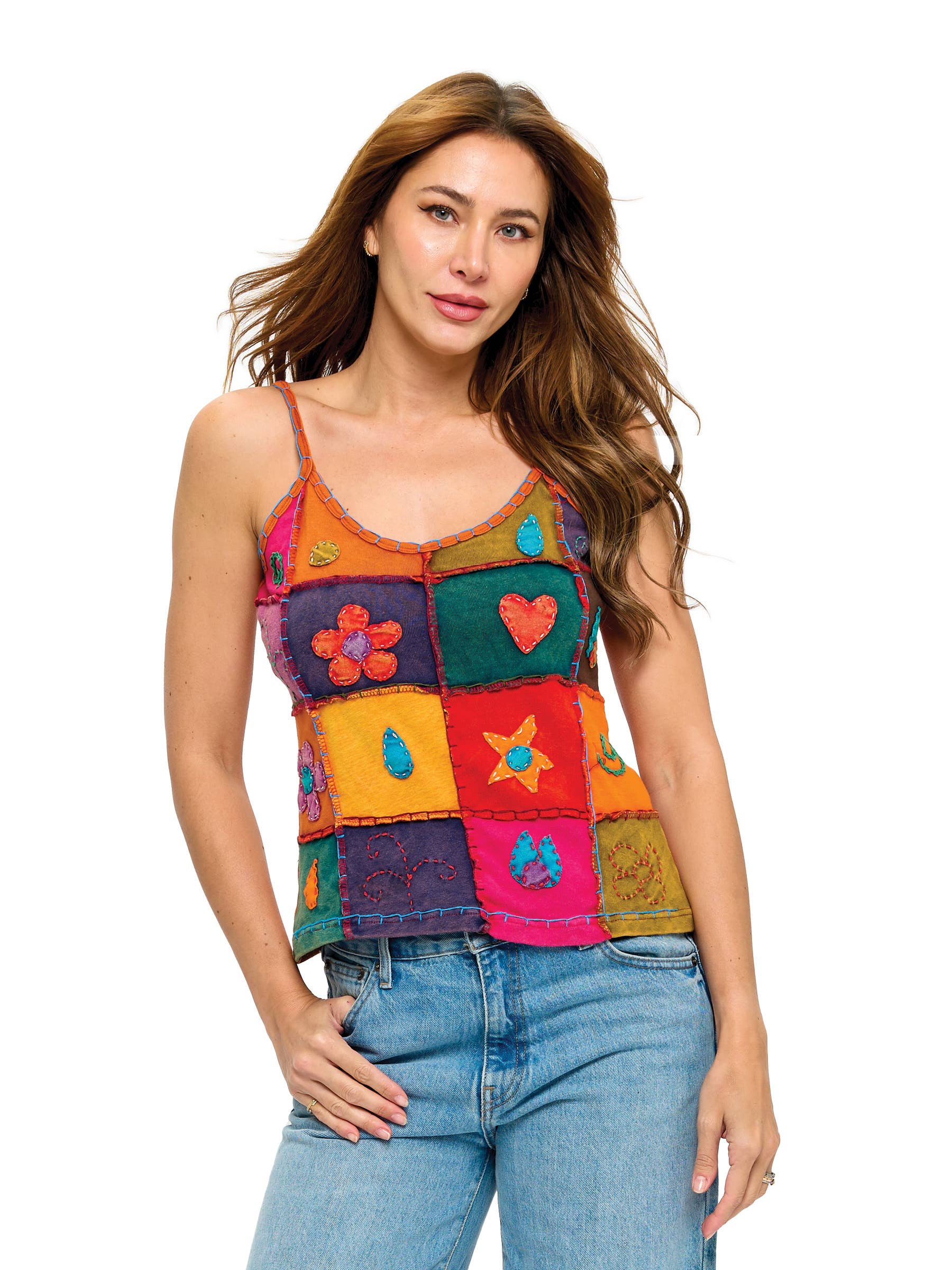 Tank Top Patchwork Handstitched Detailing: Rust Multi / S/M