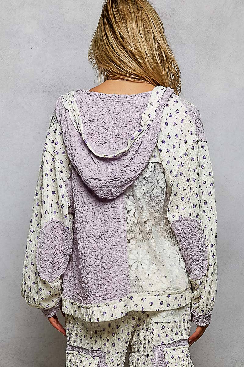 Balloon sleeves lace floral knit hoodie jacket SALE: LAVENDER
