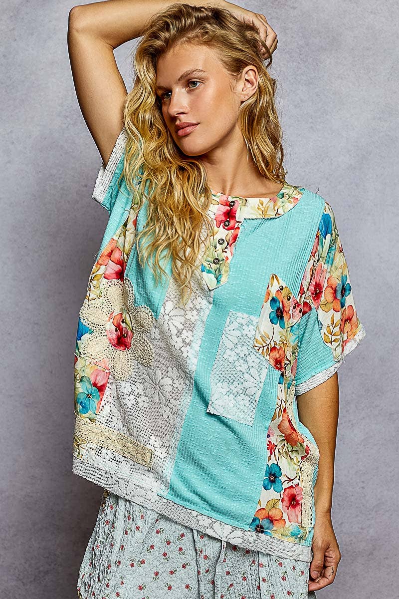 Round Neck Short Sleeve Floral Knit Rib Top SALE: AQUA