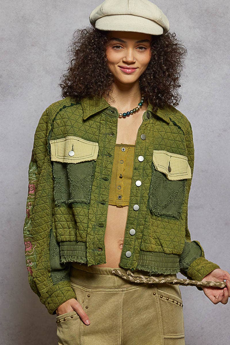 Vintage washed embroidered sleeve quilted jacket: BASIL MULTI /