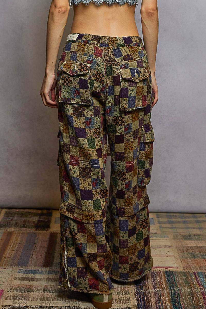 Lace waist drawstring striped casual pants: VANILLA FLORAL / L