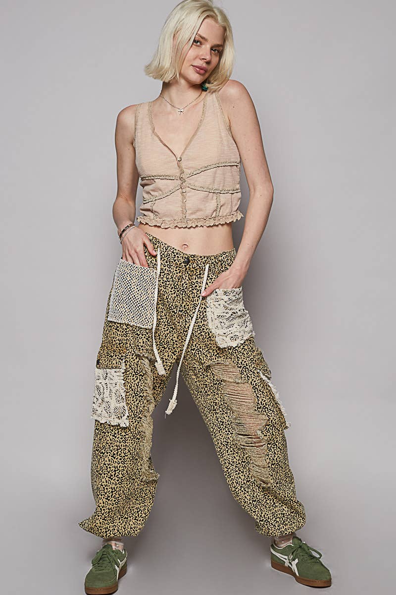 Vintage Wash Crochet Patches Distress Jogger Pants SALE: SAND LEOPARD