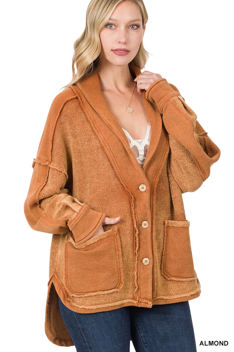 Premium Vintage Button Front Jacket With Pockets - Zenana: BLUE GREY-125160 / XL