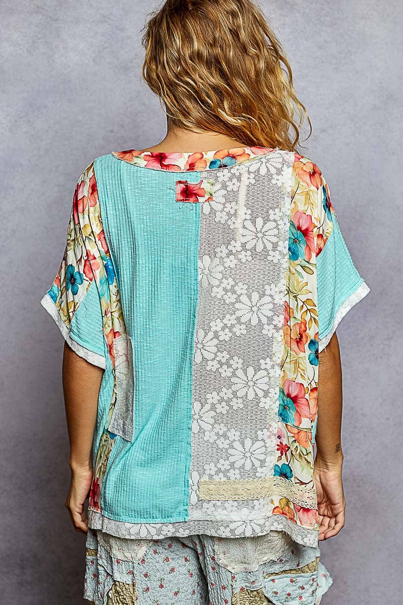 Round Neck Short Sleeve Floral Knit Rib Top SALE: AQUA