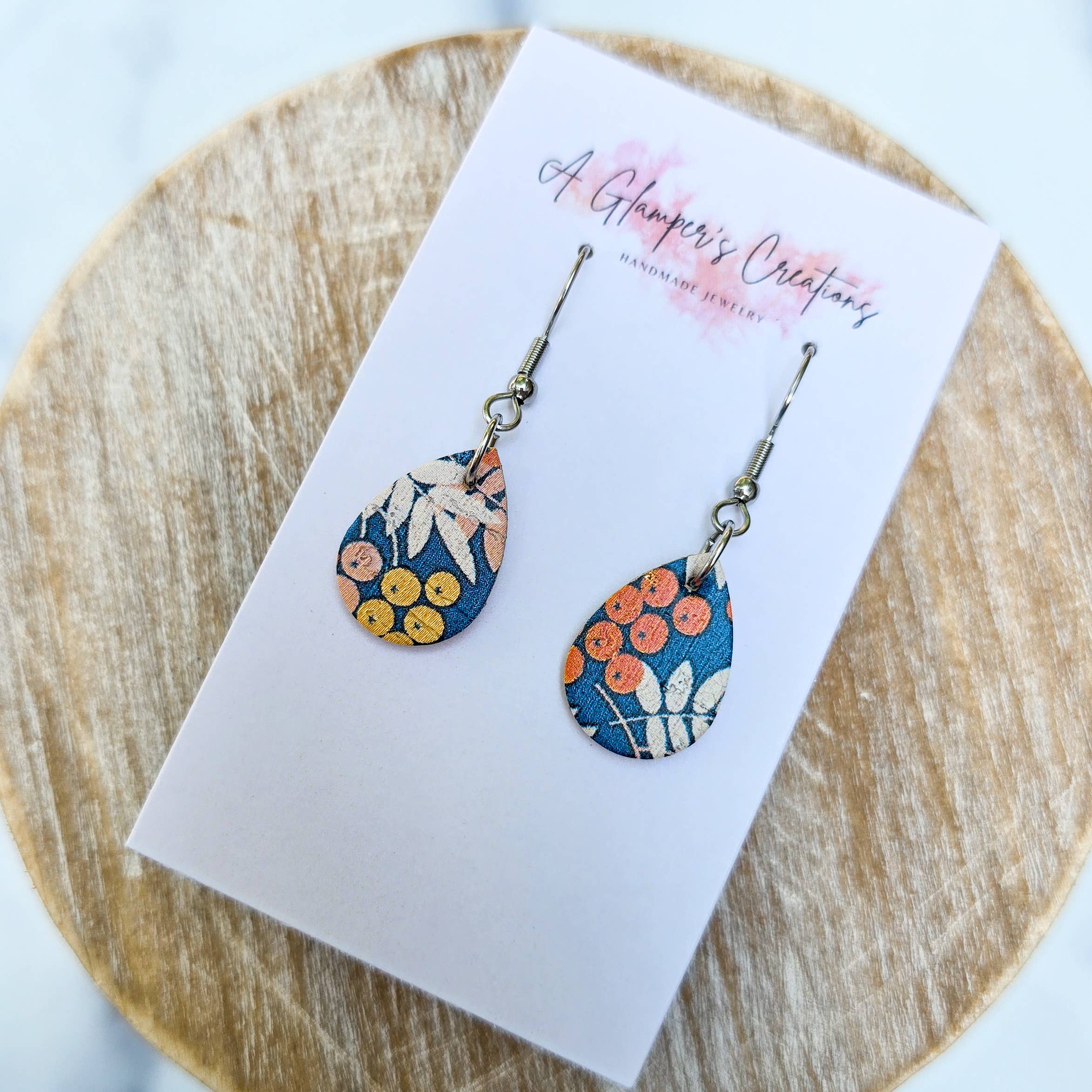 Orange & Blue Floral MINI Teardrop Leather Earrings